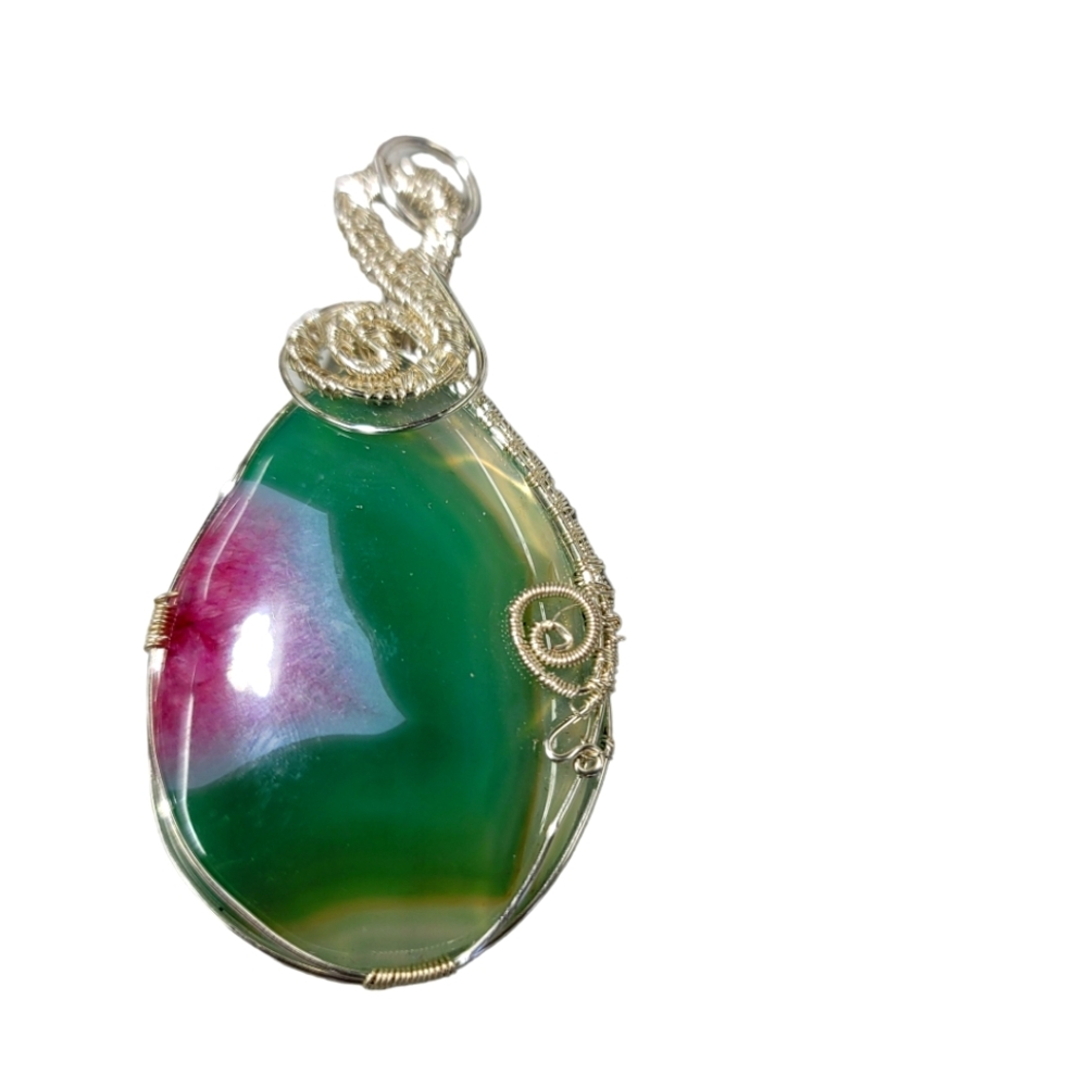 Pendant Sterling Sliver Green /pink  Etched Agate Slice Wolf pendant
